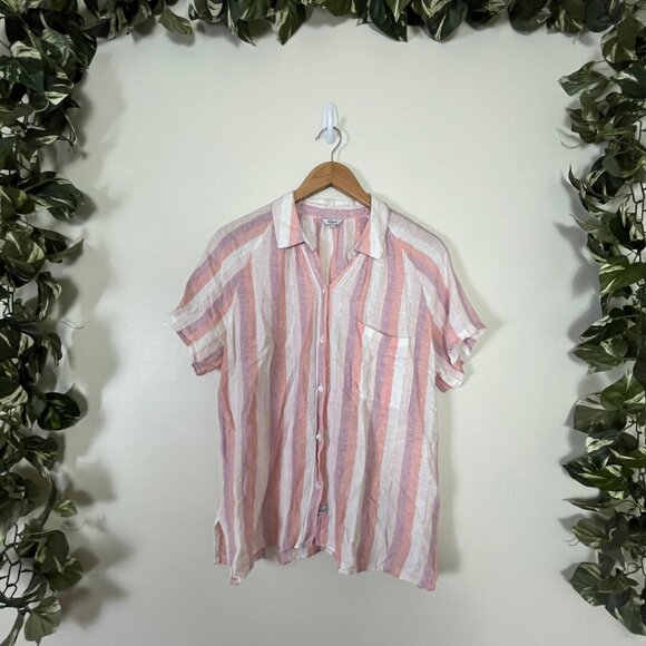 Rails Front Button Short Sleeve Stripe Linen Blouse Multi Women’s Size L - Picture 1 of 9